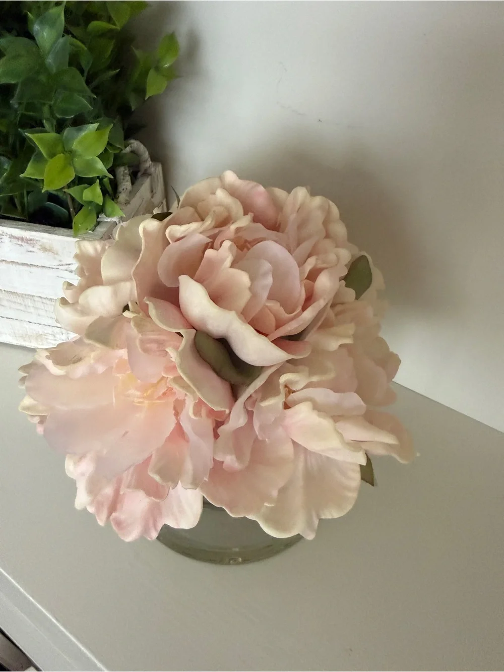 Faux Blush Pink Peony Floral Arrangement in Glass Vase Faux Water Cottage Decor